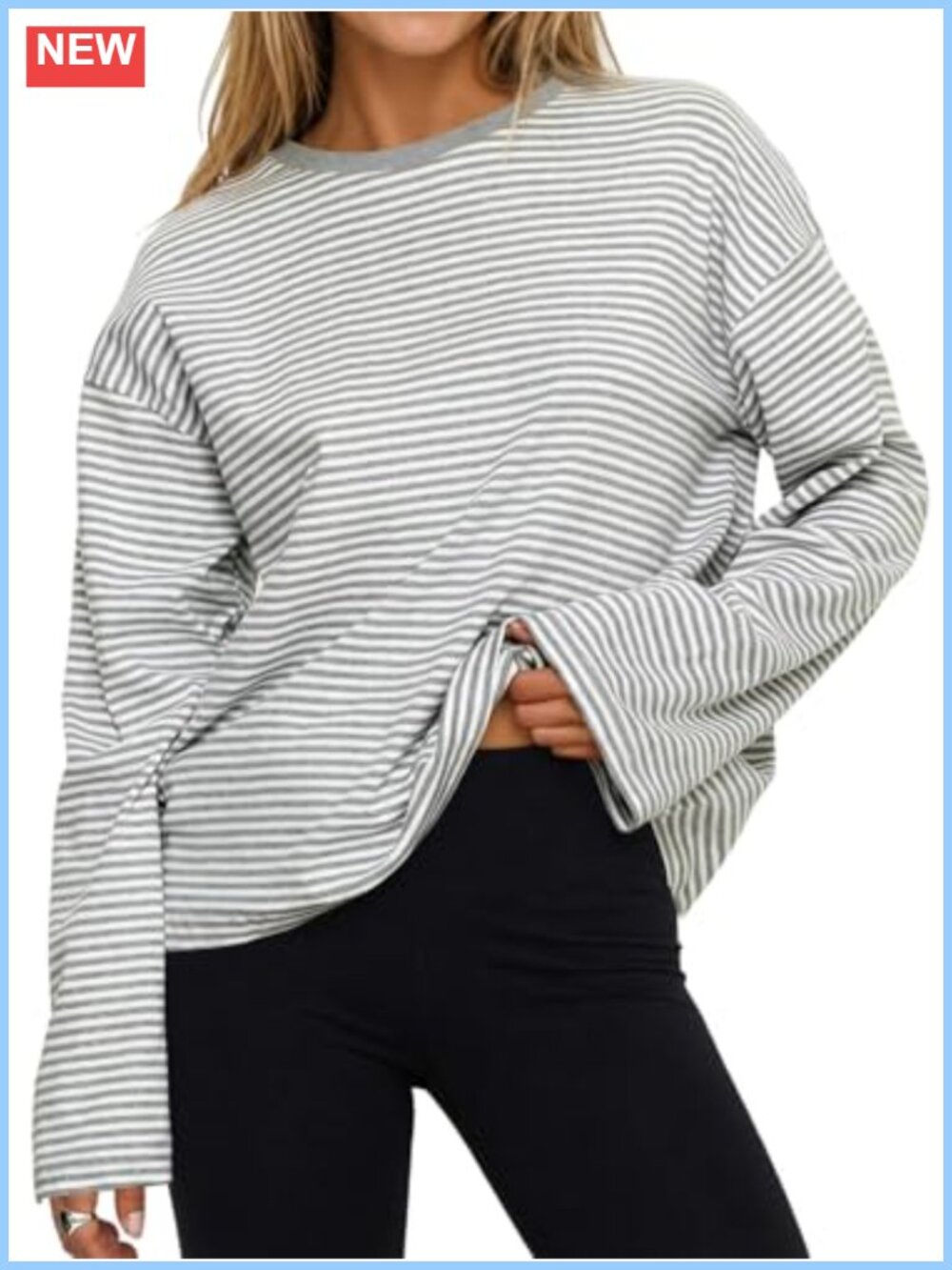Womens Oversized Striped Long Sleeve Tee - 95% Cotton, 5% Elastane, Crew Neck